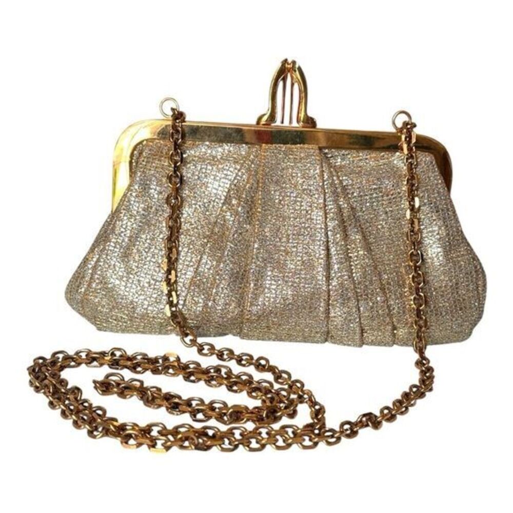 Christian Louboutin Gold Metallic Pleated Clutch Bag Sunburst Crown Frame Luxury